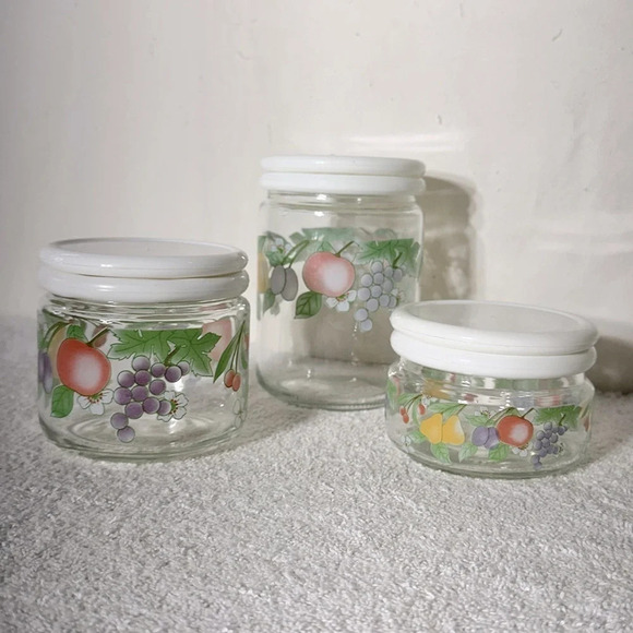 Vintage 80s KIG Indonesia Glass Fruit Flower Canister Set  (3) - Picture 2 of 12